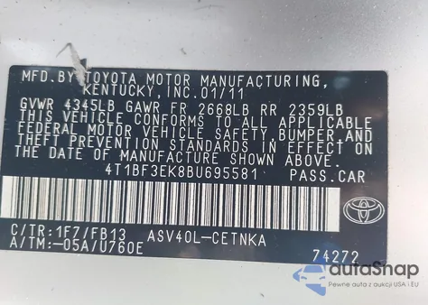 2011 Toyota Camry Le из США, поврежденный, VIN 4T1BF3EK8BU695581